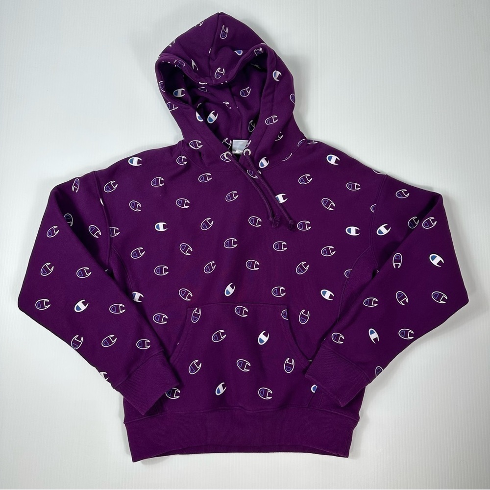 Champion Size M Reverse Weave All Over Logo Print Hoodie - Picture 8 of 13